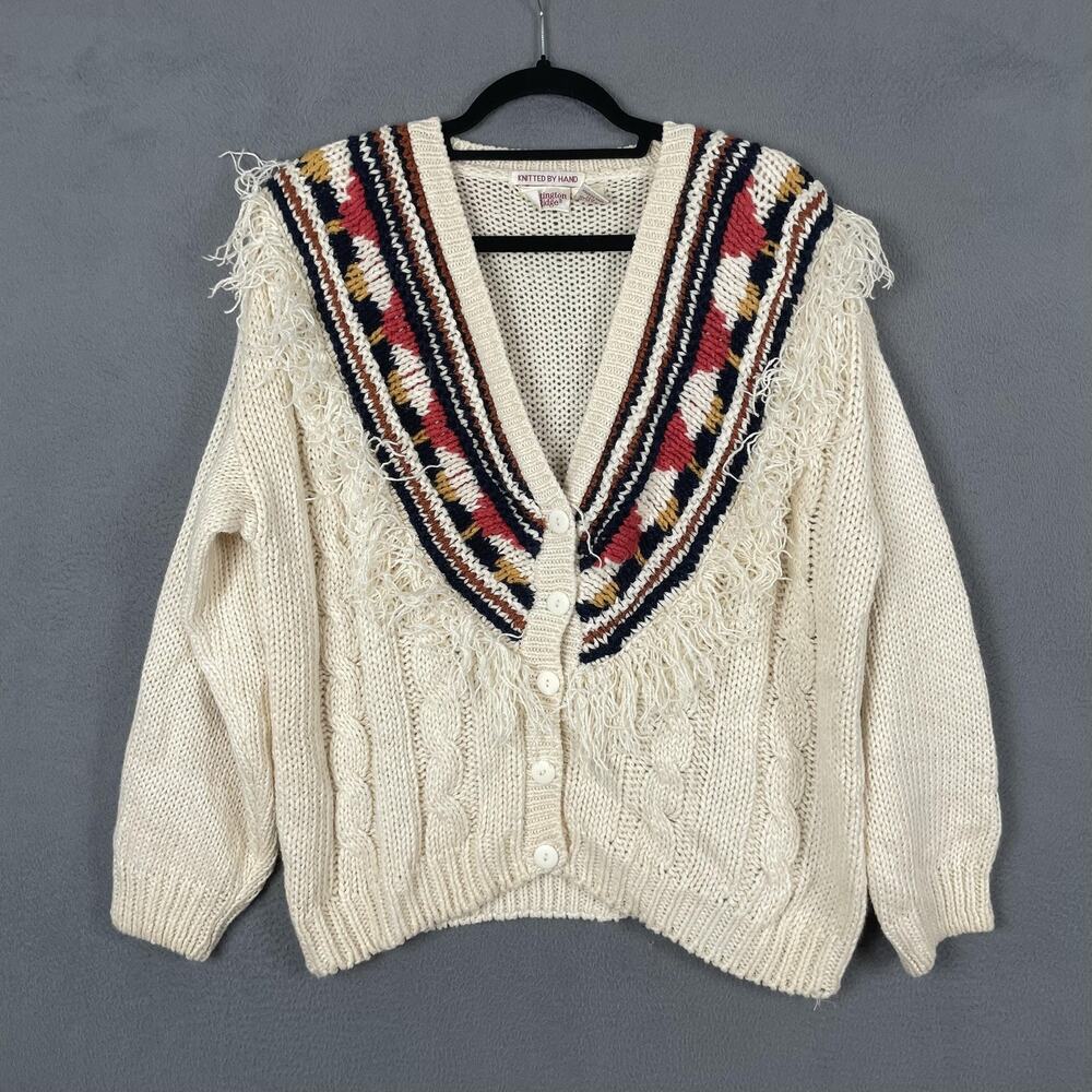 Vintage Huntington Ridge Sweater Womens Medium Cream Fringe Knit Cardigan Boho